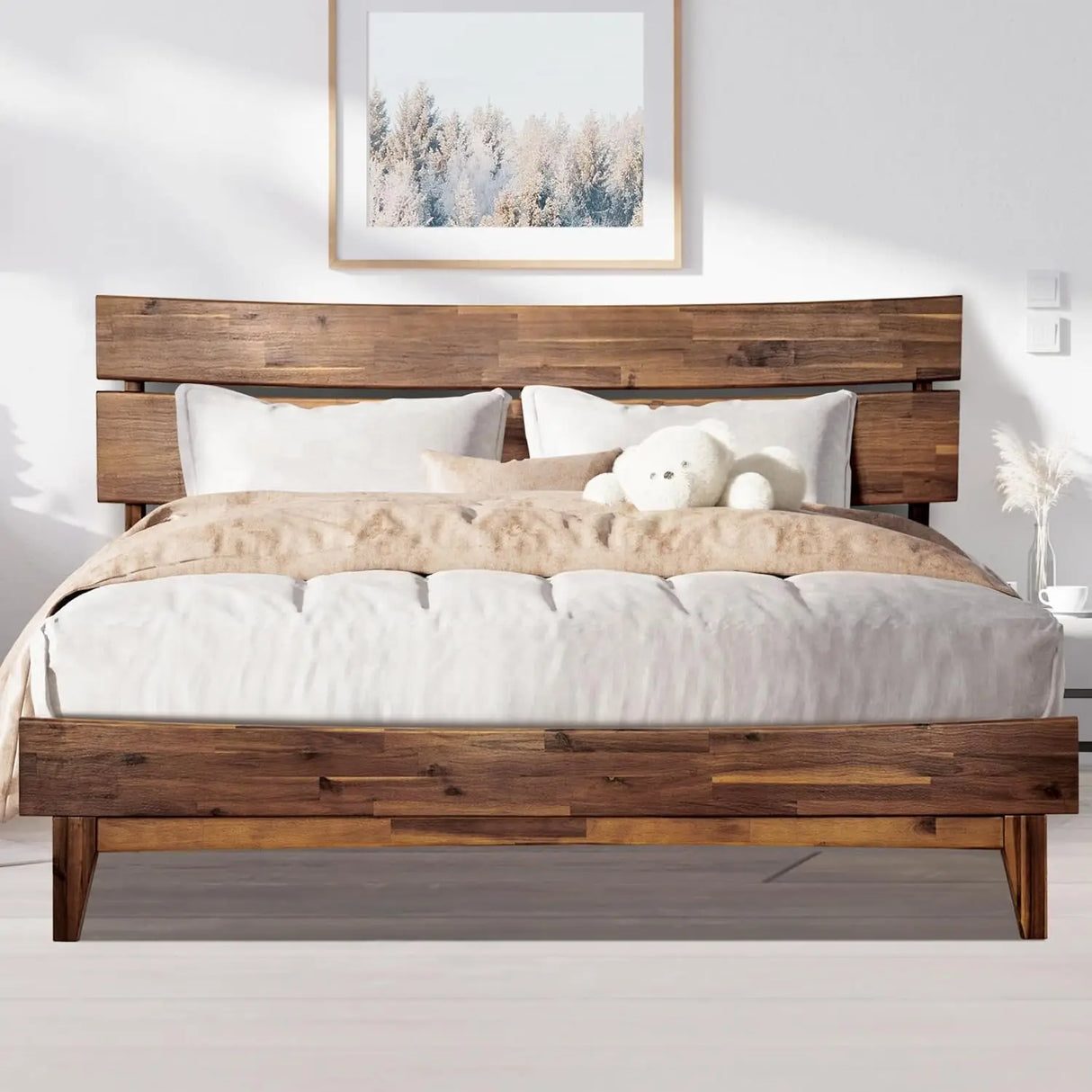 Acacia Aurora King Wooden Bed Frame with Headboard - Platform Bed with Wood Slat Support