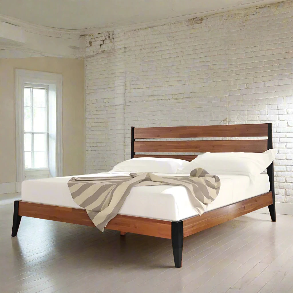 Acacia Emery Wood Queen Platform Bed Frame with Headboard Platform Bed in room