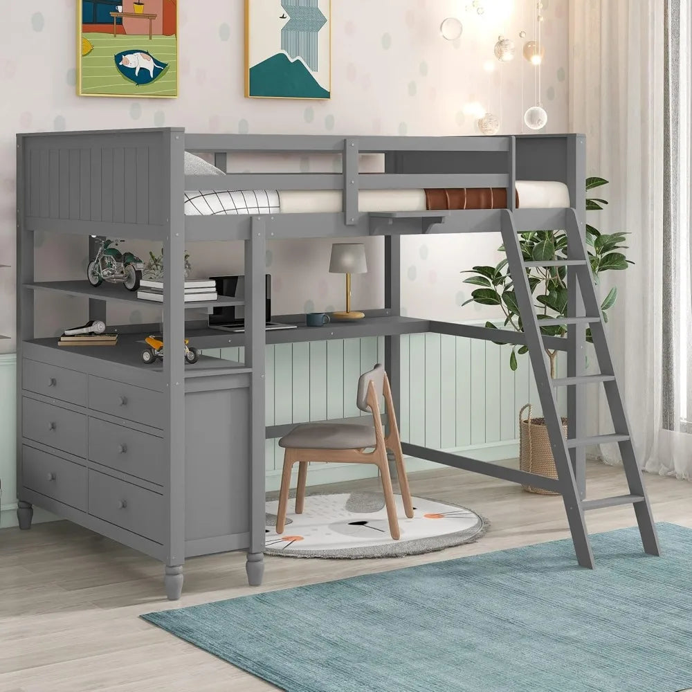 Full Size Loft Bed with Desk and Storage Drawers and Shelves grey