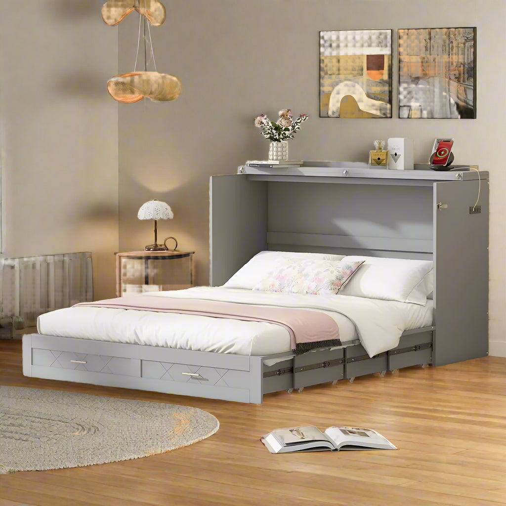Full Size Murphy Bed Cabinet with Charging Station and Drawer