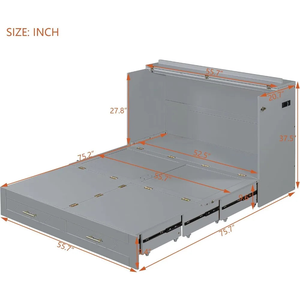 Full Size Murphy Bed Cabinet with Charging Station and Drawer dimensions