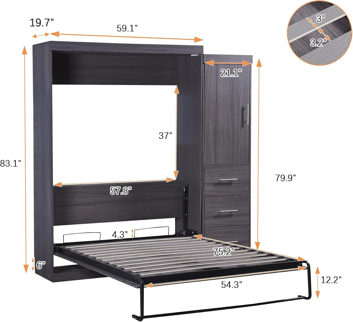 Full Size Murphy Bed Frame with Storage dimensions