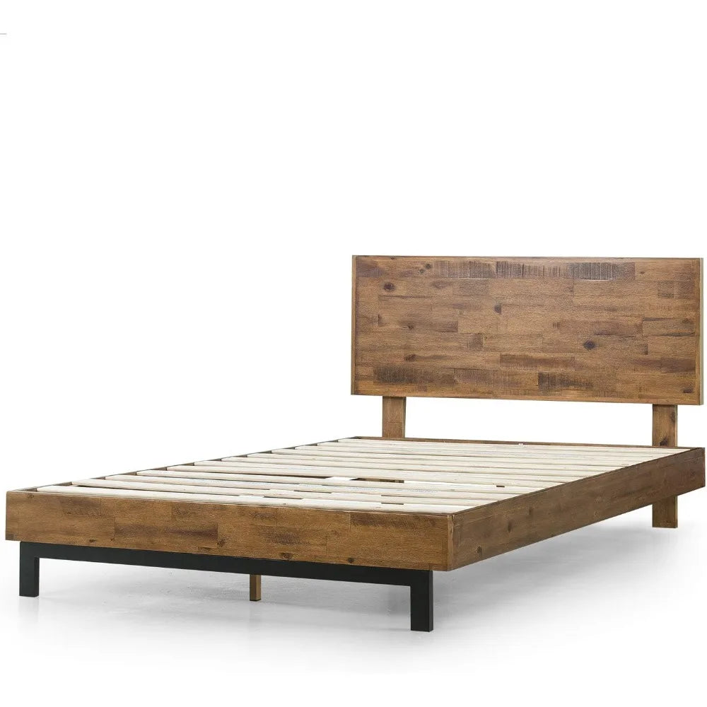 King Wood Platform Bed Frame with Adjustable Headboard and Slats