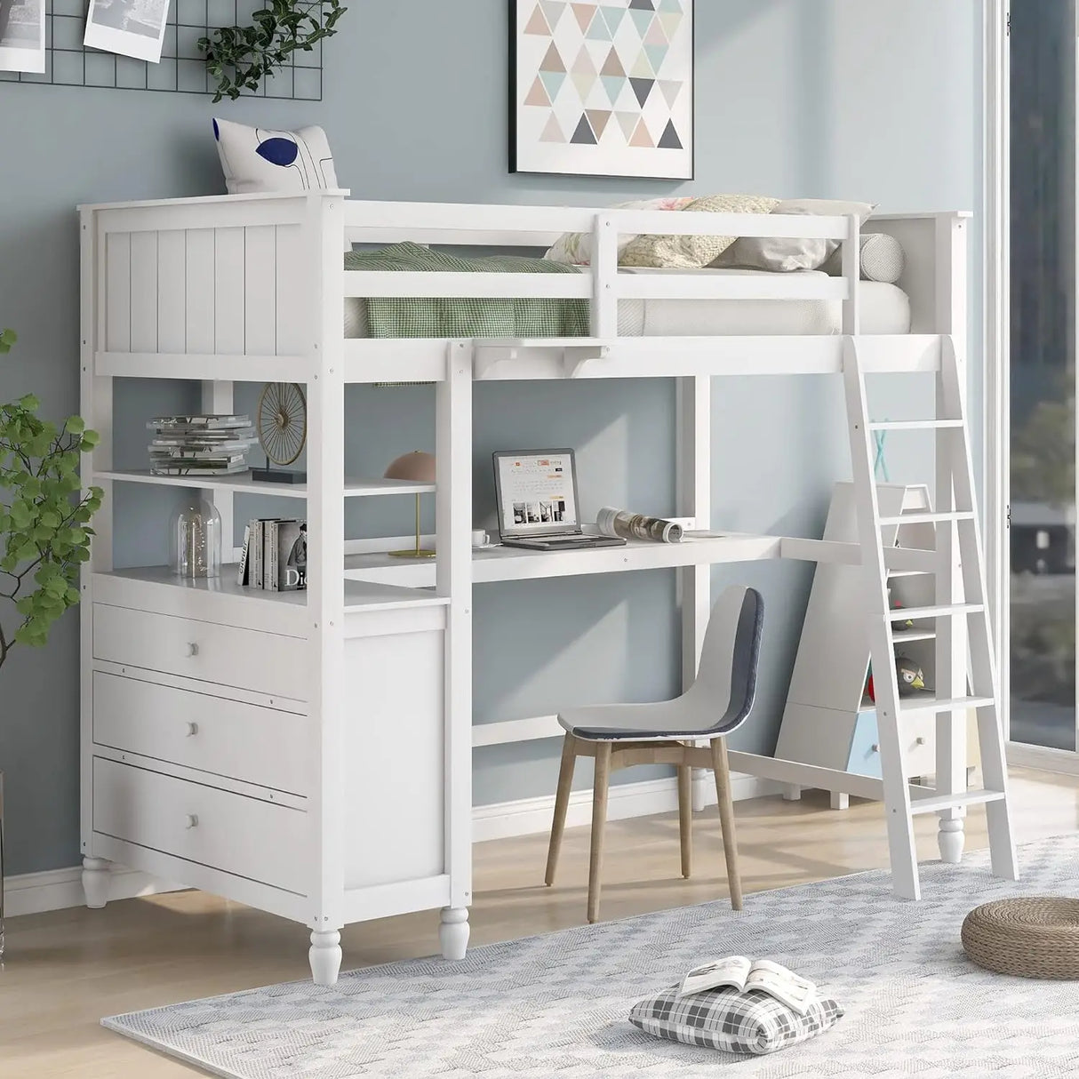 Loft Bed with Desk and Storage Drawers and Shelves white