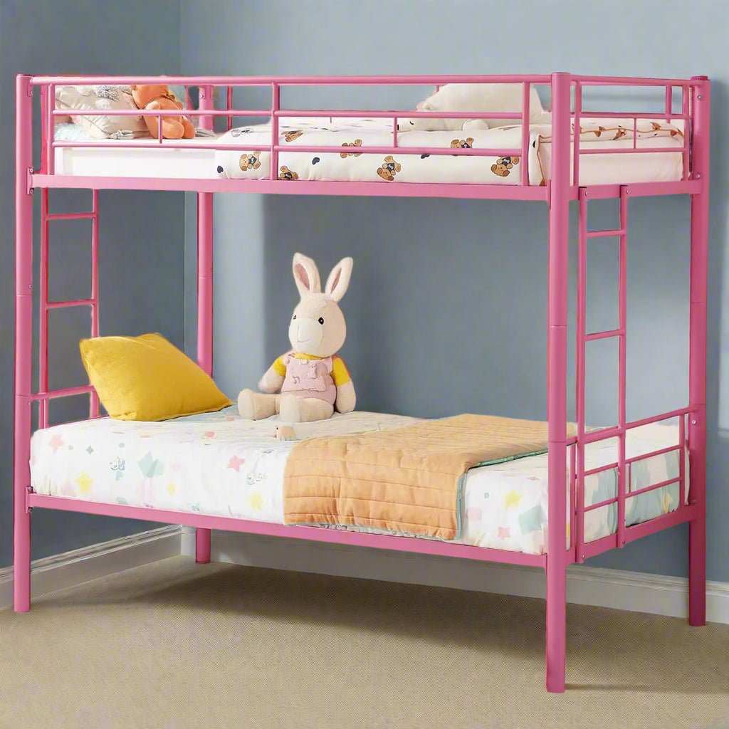 Pink Twin Over Twin metal Bunk Bed with Ladder and Full-Length Guardrail