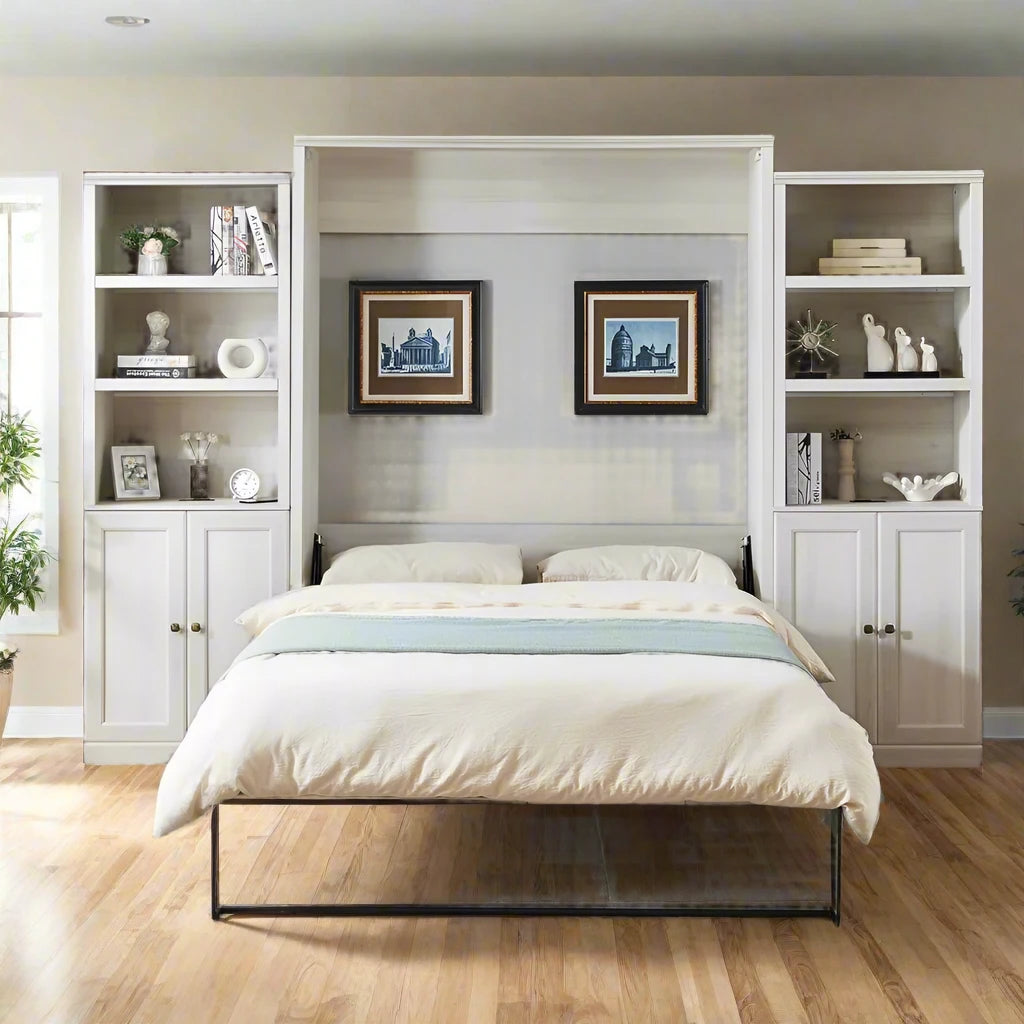 Queen Size Murphy Bed with 2 Side Cabinet Storage Shelves & USB Ports
