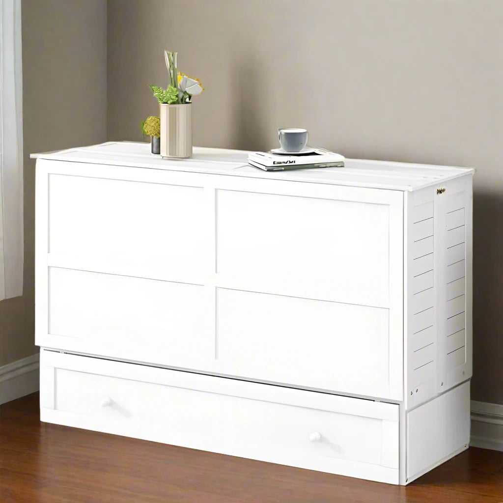 Queen Size Murphy Bed with Drawer and Shelves in White