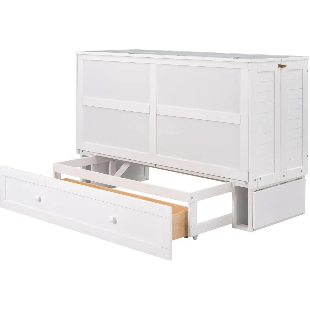 Queen Size Murphy Cabinet Bed with Storage, Drawer and Shelves with drawer open