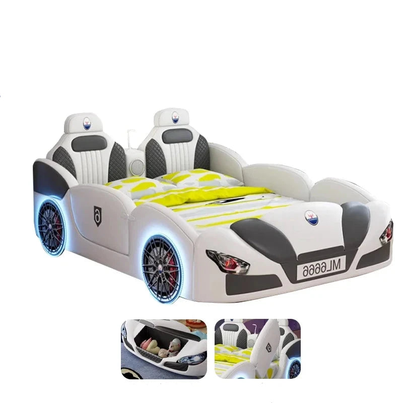 Race Car Bed with Storage For Kids white