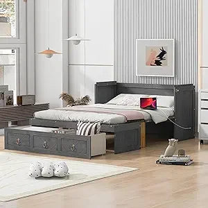 Full Size Murphy Bed Cabinet with Charging Station and Drawer