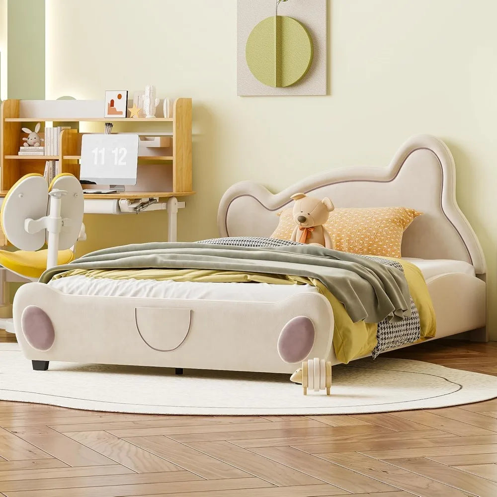 Bear Bed Bed for Kids - Velvet Platform Bed with Bear Shaped Headboard & Bed-End Pocket