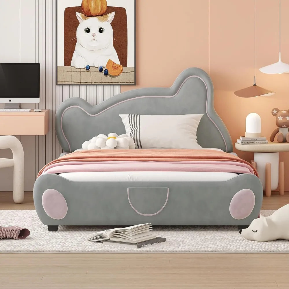 Bear Bed Bed for Kids - Velvet Platform Bed with Bear Shaped Headboard & Bed-End Pocket
