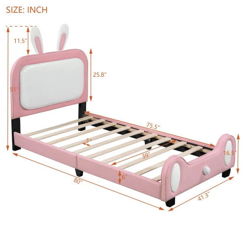 Upholstered Bunny Rabbit Twin Platform Bed with Headboard and Footboard