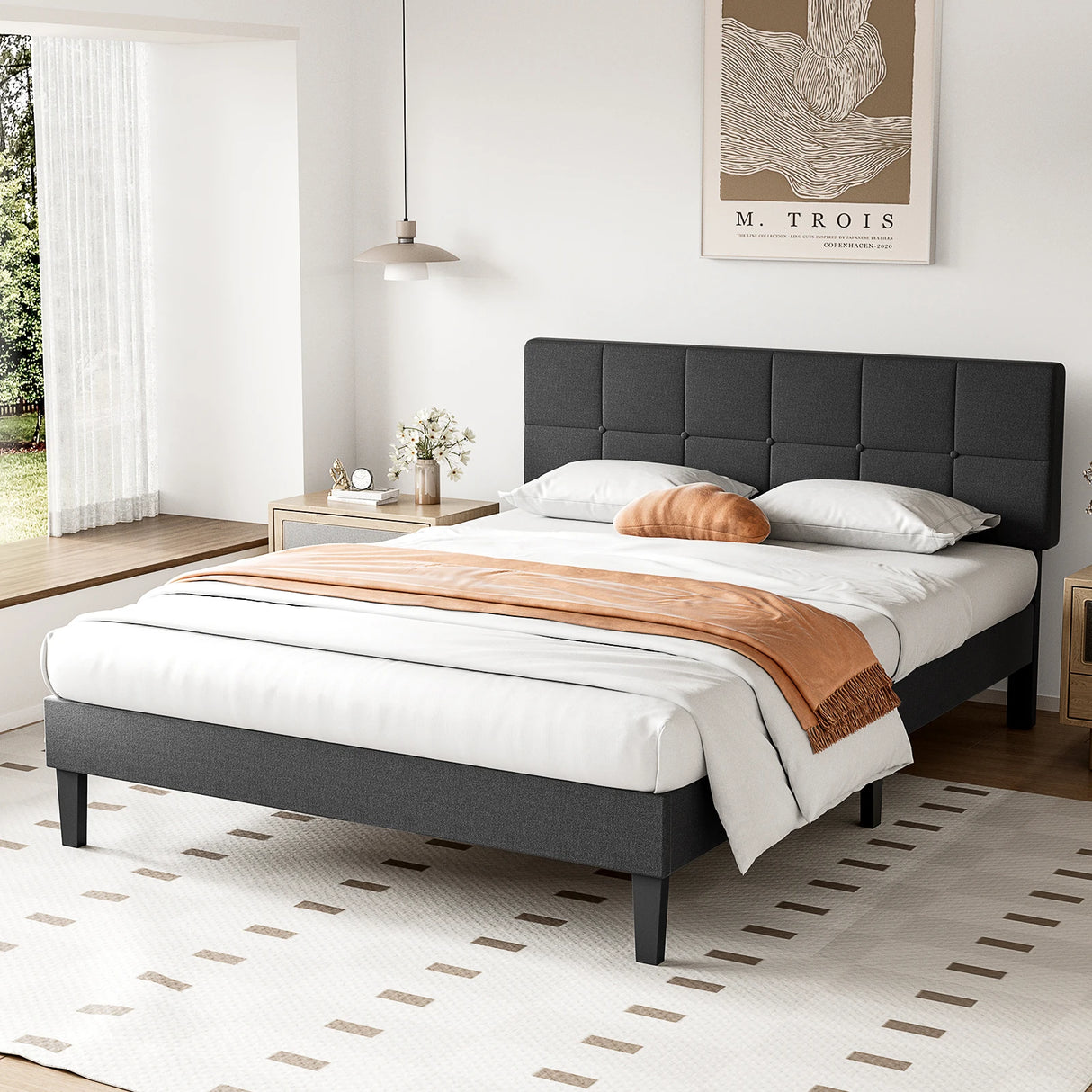 Queen & Full Bed Frame with Adjustable Headboard - Linen Upholstered Wooden Platform Bed Frame with Wood Slats