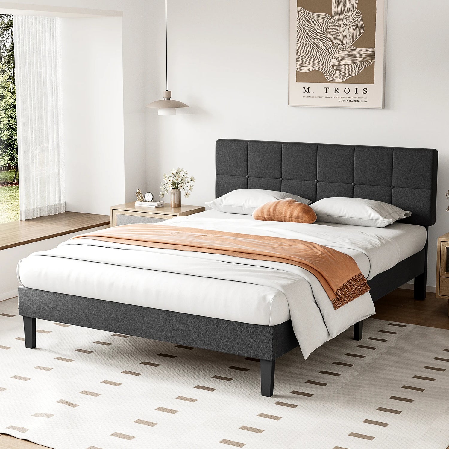 Queen & Full Bed Frame with Adjustable Headboard - Linen Upholstered Wooden Platform Bed Frame with Wood Slats