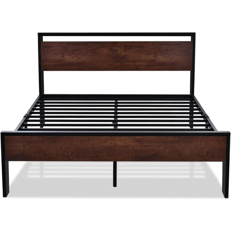 14 Inch Queen Size Metal Platform Bed Frame with Wooden Headboard and Footboard