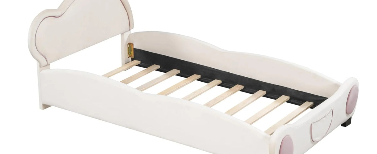 Bear Bed Bed for Kids - Velvet Platform Bed with Bear Shaped Headboard & Bed-End Pocket