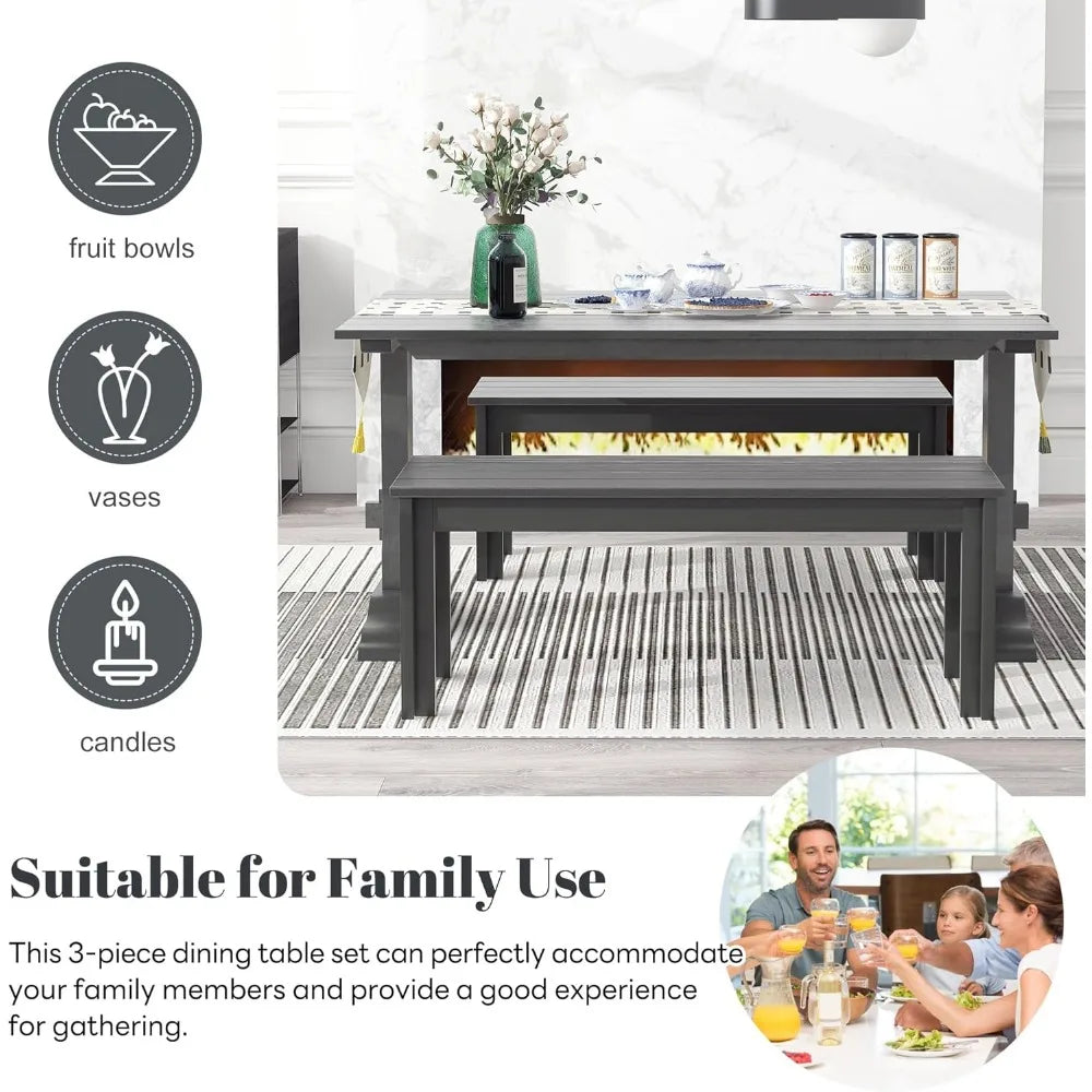 Dining Room Wood Table Set, 60'' Rectangular Trestle Table and 2 Benches