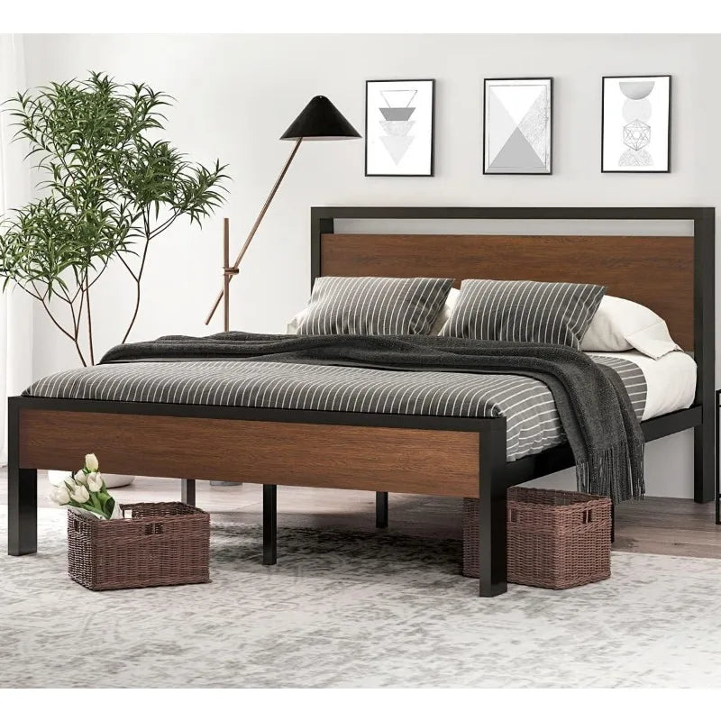 14 Inch Queen Size Metal Platform Bed Frame with Wooden Headboard and Footboard