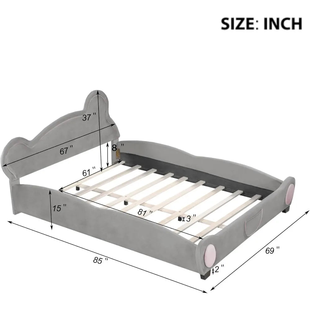 Bear Bed Bed for Kids - Velvet Platform Bed with Bear Shaped Headboard & Bed-End Pocket