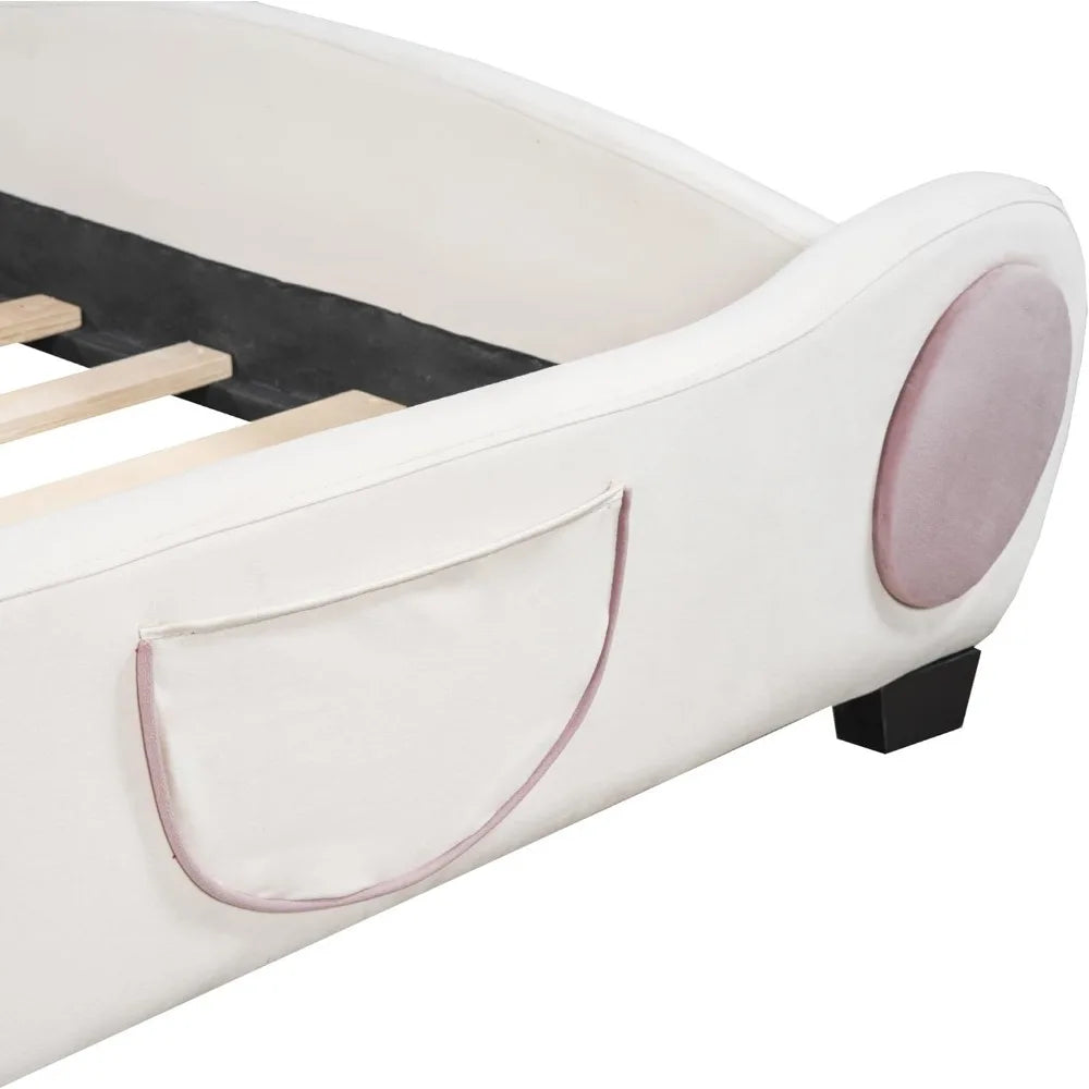 Bear Bed Bed for Kids - Velvet Platform Bed with Bear Shaped Headboard & Bed-End Pocket