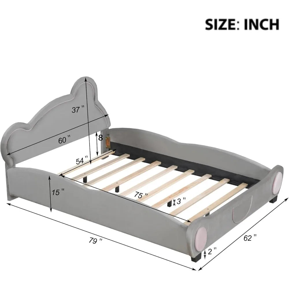 Bear Bed Bed for Kids - Velvet Platform Bed with Bear Shaped Headboard & Bed-End Pocket
