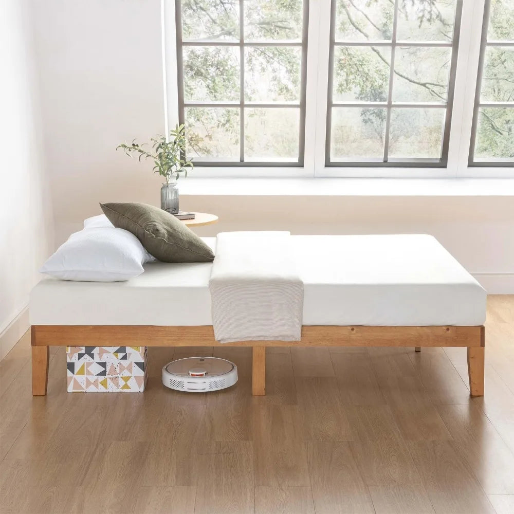 Queen Size 12" Classic Solid Pine Wood Platform Bed Frame w/Wooden Slats Natural