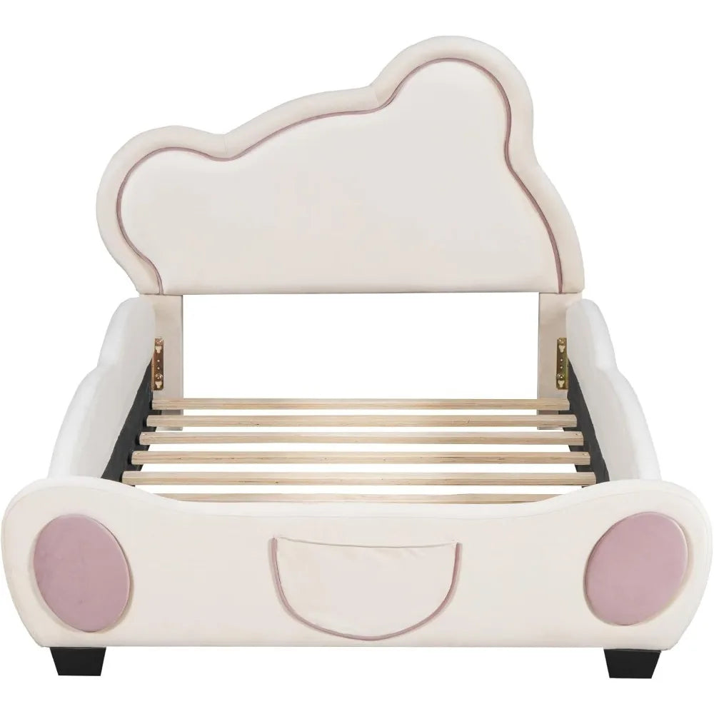 Bear Bed Bed for Kids - Velvet Platform Bed with Bear Shaped Headboard & Bed-End Pocket