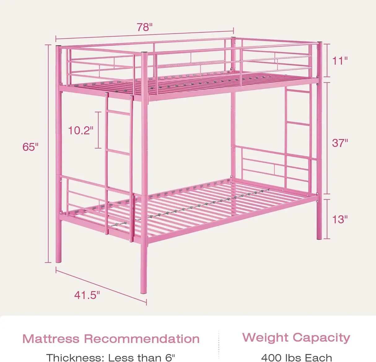 Pink Twin Over Twin metal Bunk Bed with Ladder and Full-Length Guardrail