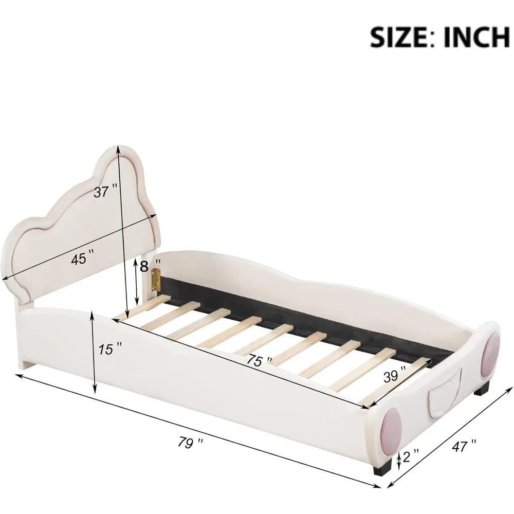 Bear Bed Bed for Kids - Velvet Platform Bed with Bear Shaped Headboard & Bed-End Pocket