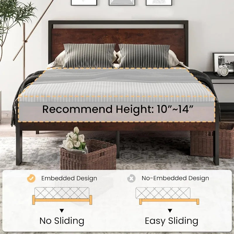14 Inch Queen Size Metal Platform Bed Frame with Wooden Headboard and Footboard