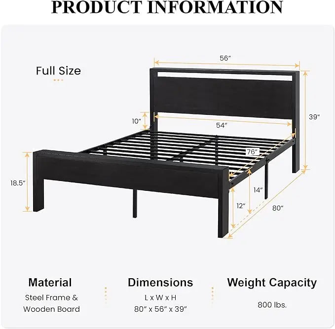 14 Inch Queen Size Metal Platform Bed Frame with Wooden Headboard and Footboard