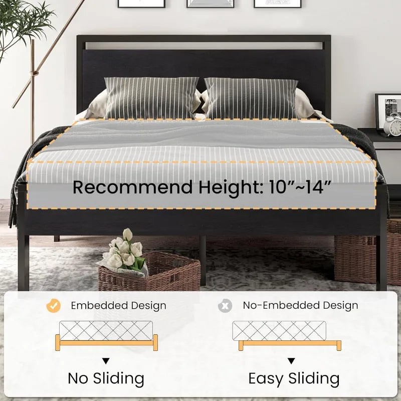 14 Inch Queen Size Metal Platform Bed Frame with Wooden Headboard and Footboard