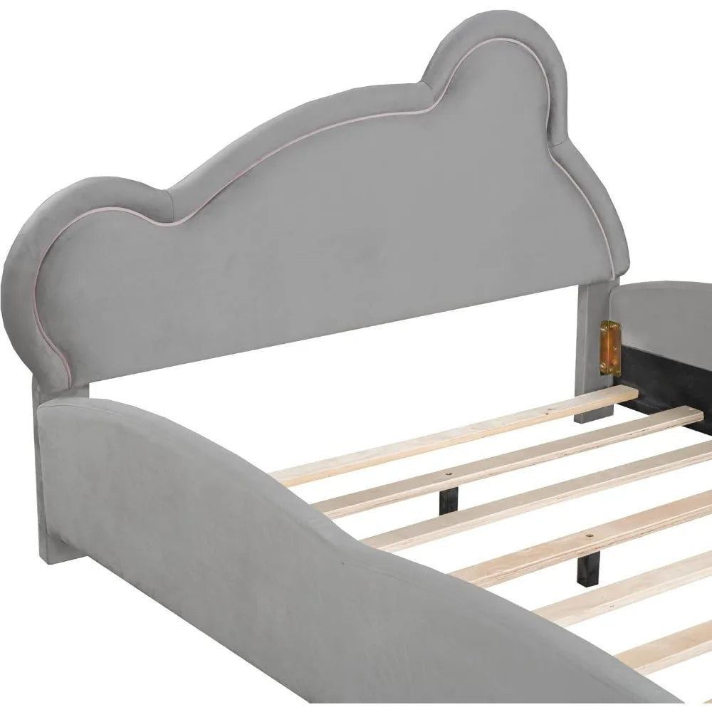 Bear Bed Bed for Kids - Velvet Platform Bed with Bear Shaped Headboard & Bed-End Pocket