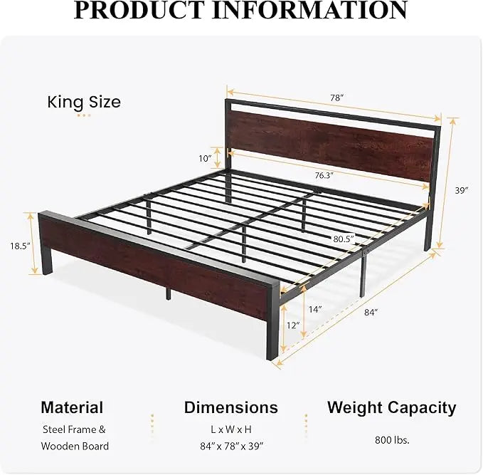 14 Inch Queen Size Metal Platform Bed Frame with Wooden Headboard and Footboard