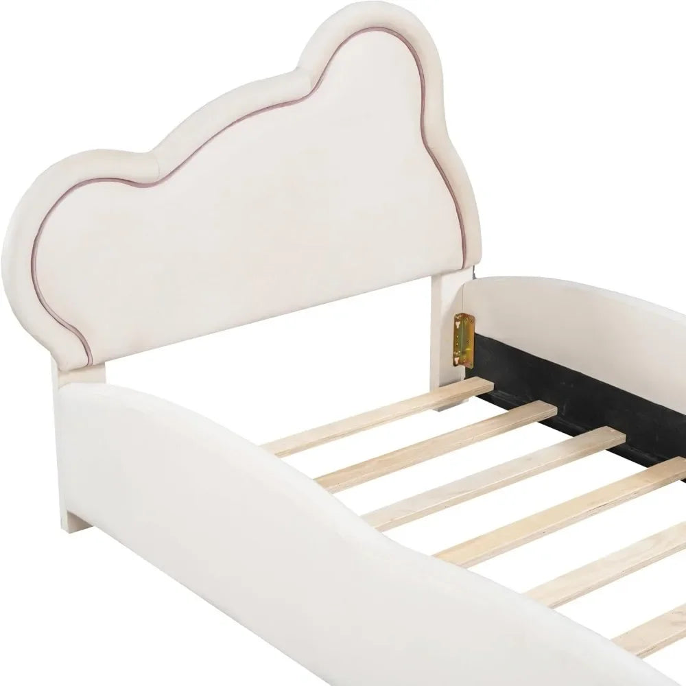 Bear Bed Bed for Kids - Velvet Platform Bed with Bear Shaped Headboard & Bed-End Pocket
