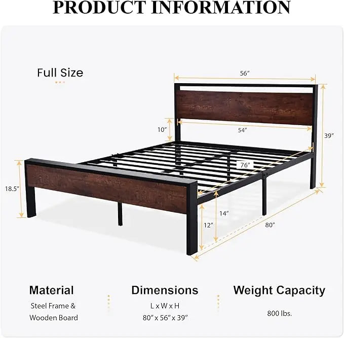 14 Inch Queen Size Metal Platform Bed Frame with Wooden Headboard and Footboard