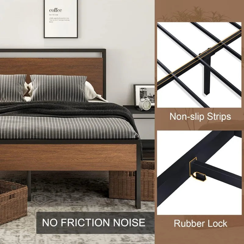 14 Inch Queen Size Metal Platform Bed Frame with Wooden Headboard and Footboard