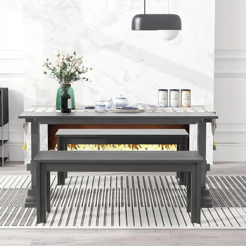 Dining Room Wood Table Set, 60'' Rectangular Trestle Table and 2 Benches