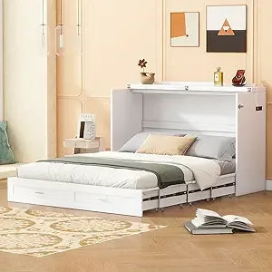 Full Size Murphy Bed Cabinet with Charging Station and Drawer