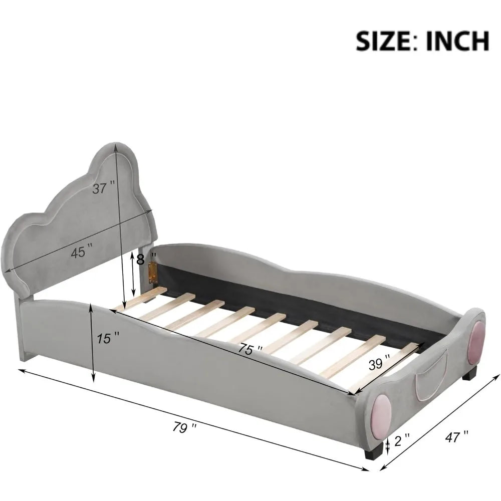 Bear Bed Bed for Kids - Velvet Platform Bed with Bear Shaped Headboard & Bed-End Pocket