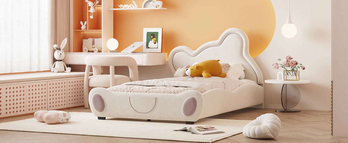 Bear Bed Bed for Kids - Velvet Platform Bed with Bear Shaped Headboard & Bed-End Pocket