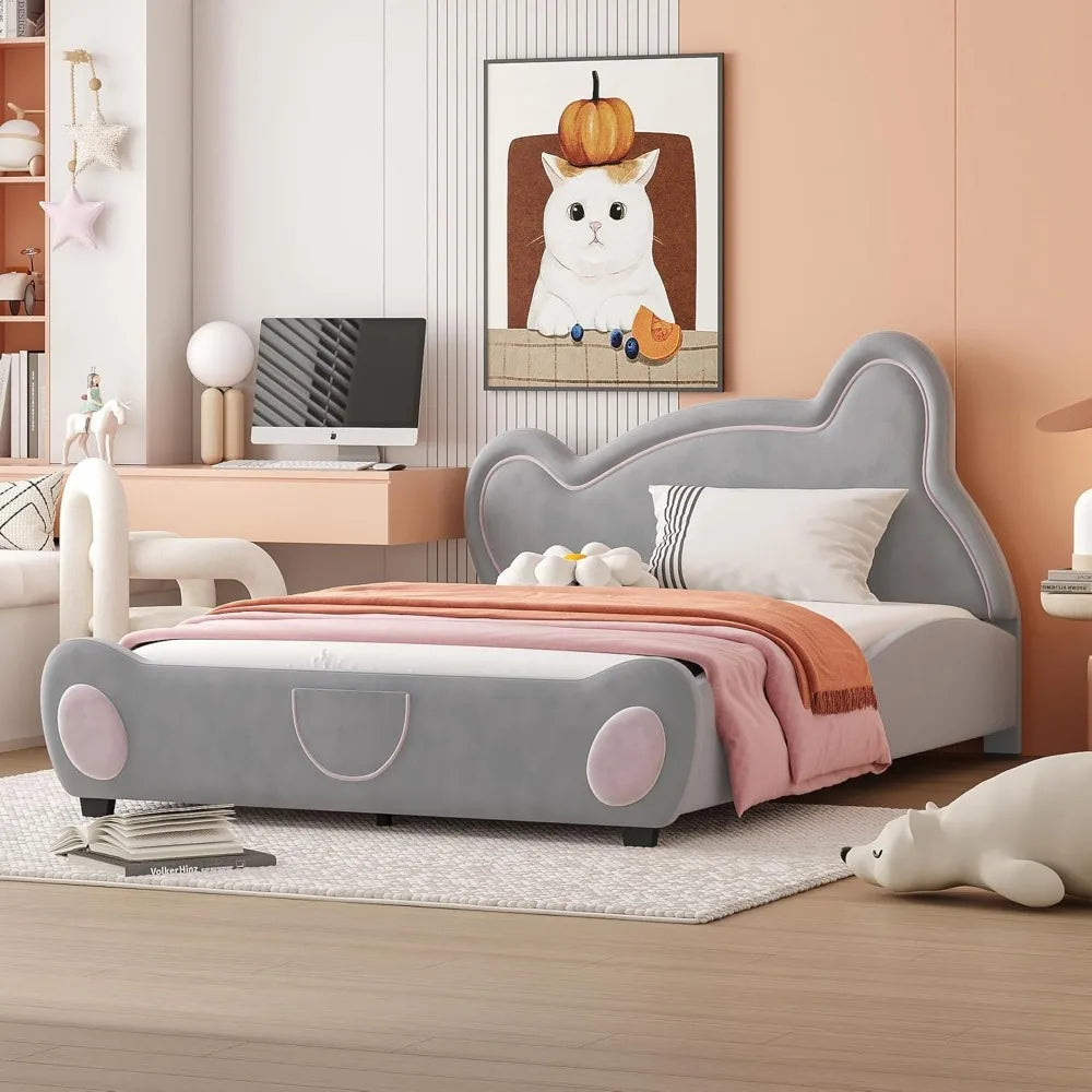 Bear Bed Bed for Kids - Velvet Platform Bed with Bear Shaped Headboard & Bed-End Pocket