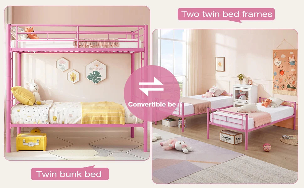 Pink Twin Over Twin metal Bunk Bed with Ladder and Full-Length Guardrail
