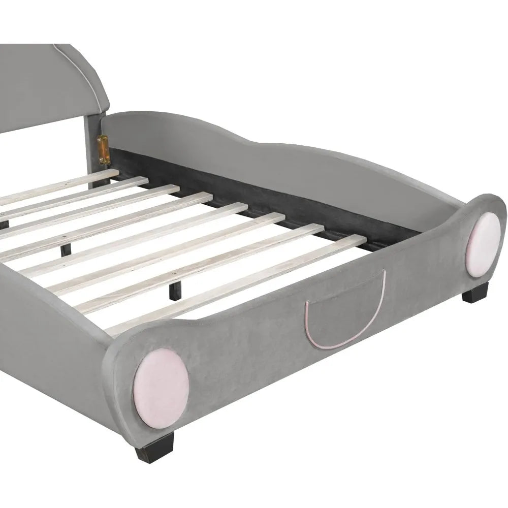 Bear Bed Bed for Kids - Velvet Platform Bed with Bear Shaped Headboard & Bed-End Pocket