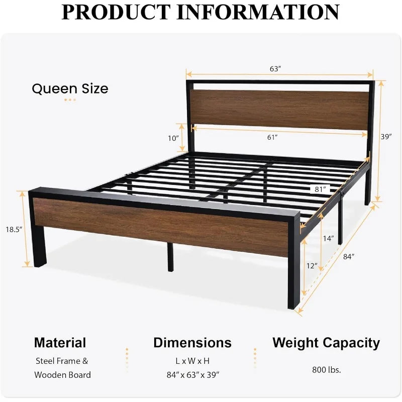 14 Inch Queen Size Metal Platform Bed Frame with Wooden Headboard and Footboard