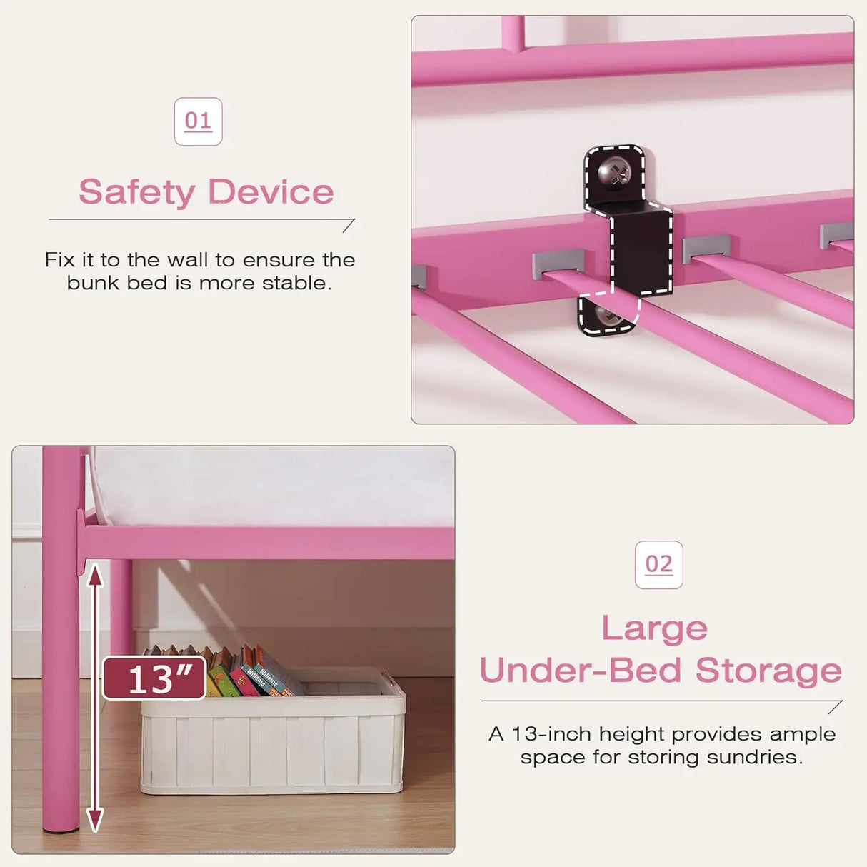 Pink Twin Over Twin metal Bunk Bed with Ladder and Full-Length Guardrail
