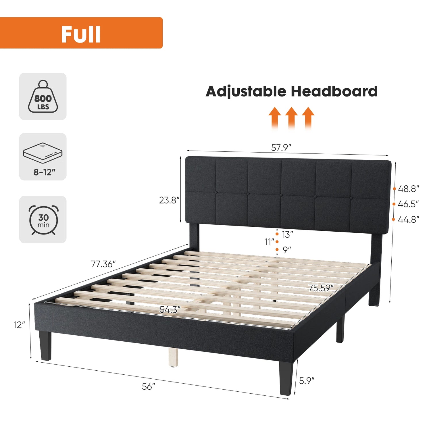 Queen & Full Bed Frame with Adjustable Headboard - Linen Upholstered Wooden Platform Bed Frame with Wood Slats