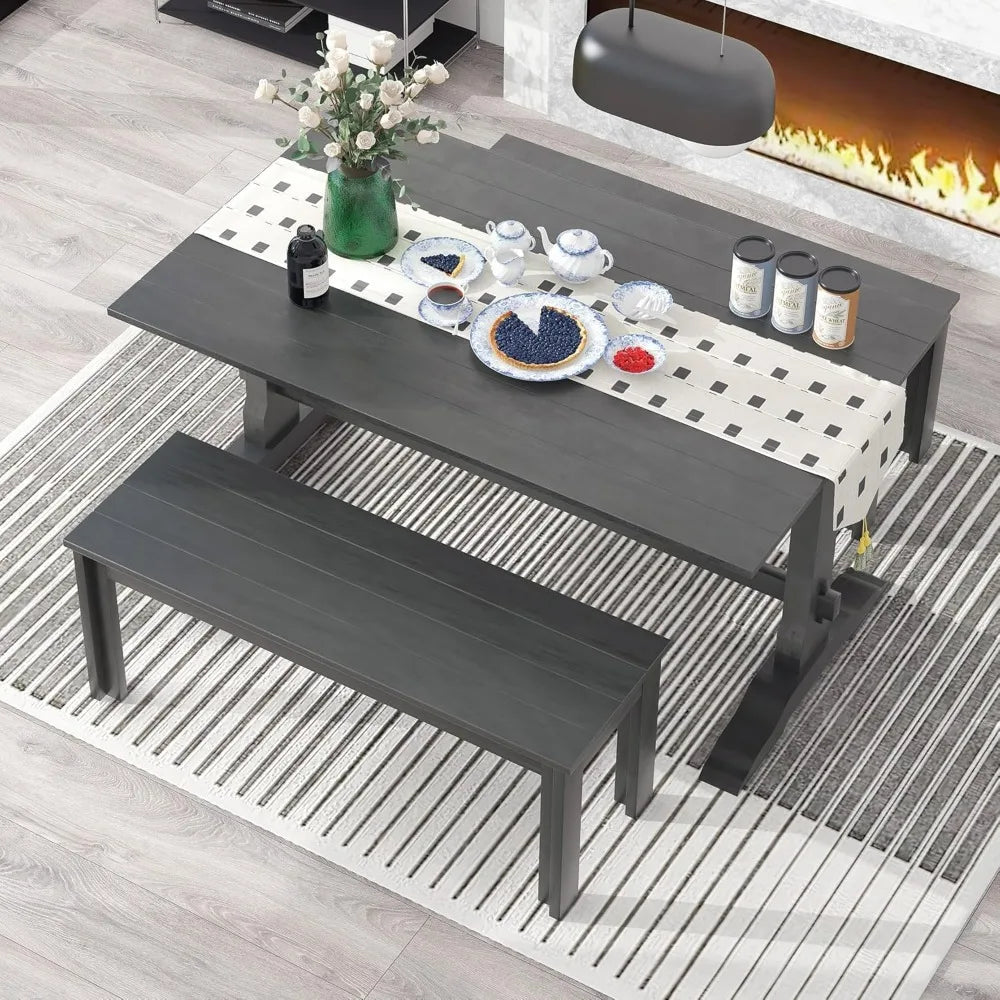 Dining Room Wood Table Set, 60'' Rectangular Trestle Table and 2 Benches