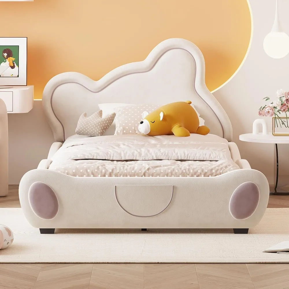 Bear Bed Bed for Kids - Velvet Platform Bed with Bear Shaped Headboard & Bed-End Pocket